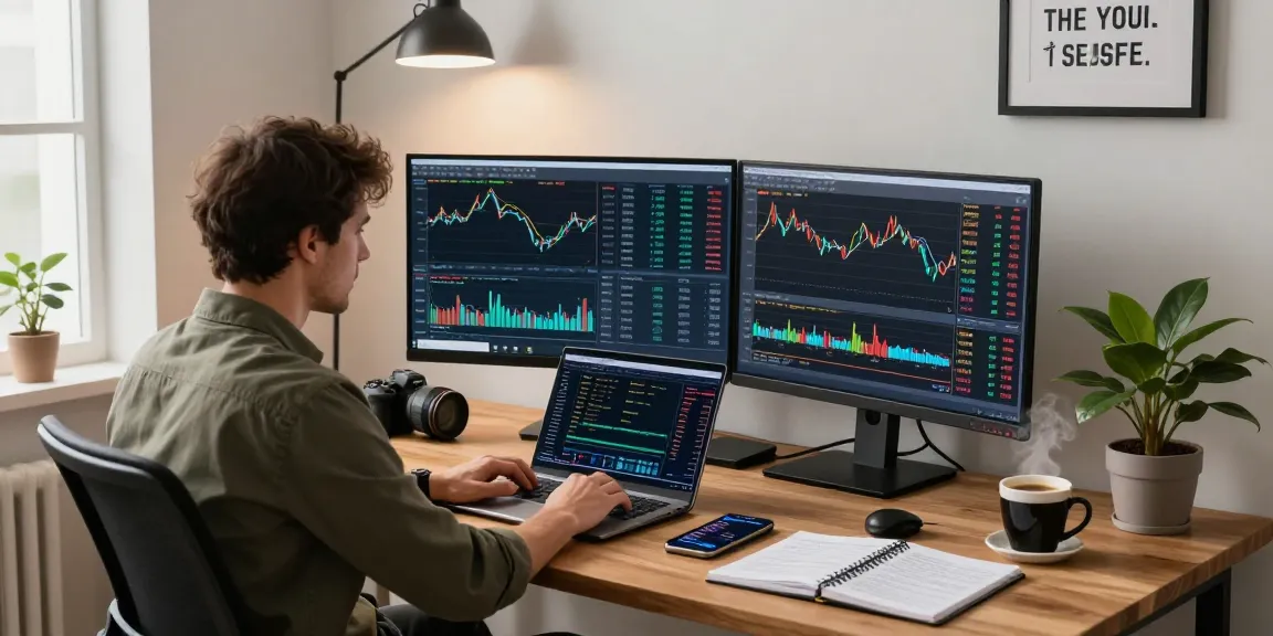 Trader using MetaTrader 4 on multiple screens in a modern home office