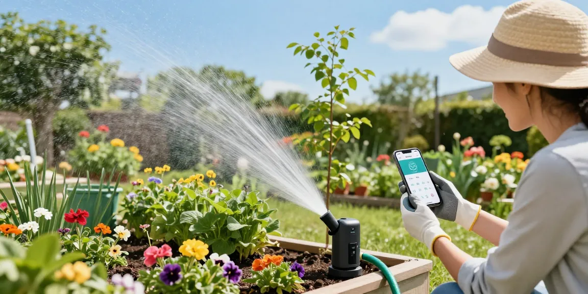 Gardener using rainpoint wifi water timer in a thriving garden setting, ensuring efficient irrigation with lush plants around.