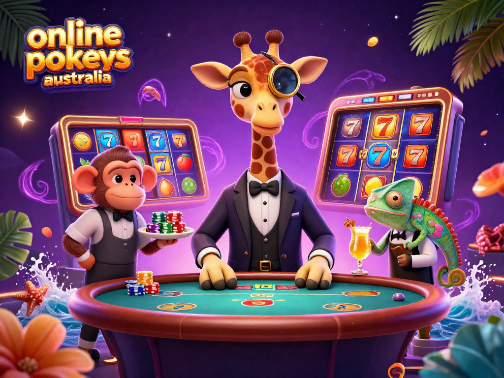 Engage with online pokies australia in a vibrant casino scene featuring a high-roller giraffe and dynamic gaming elements.