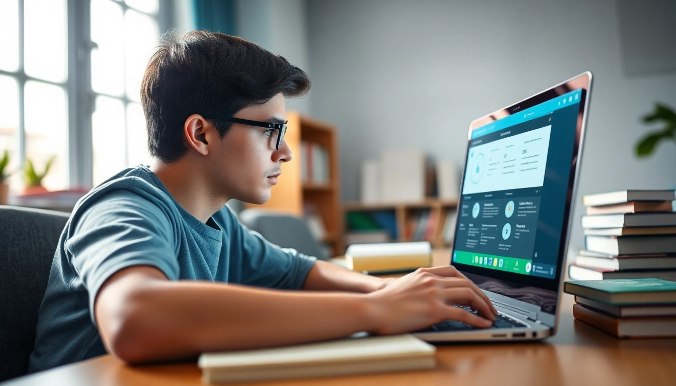 Providing remote exam help, a focused student studies in a bright environment surrounded by study materials.