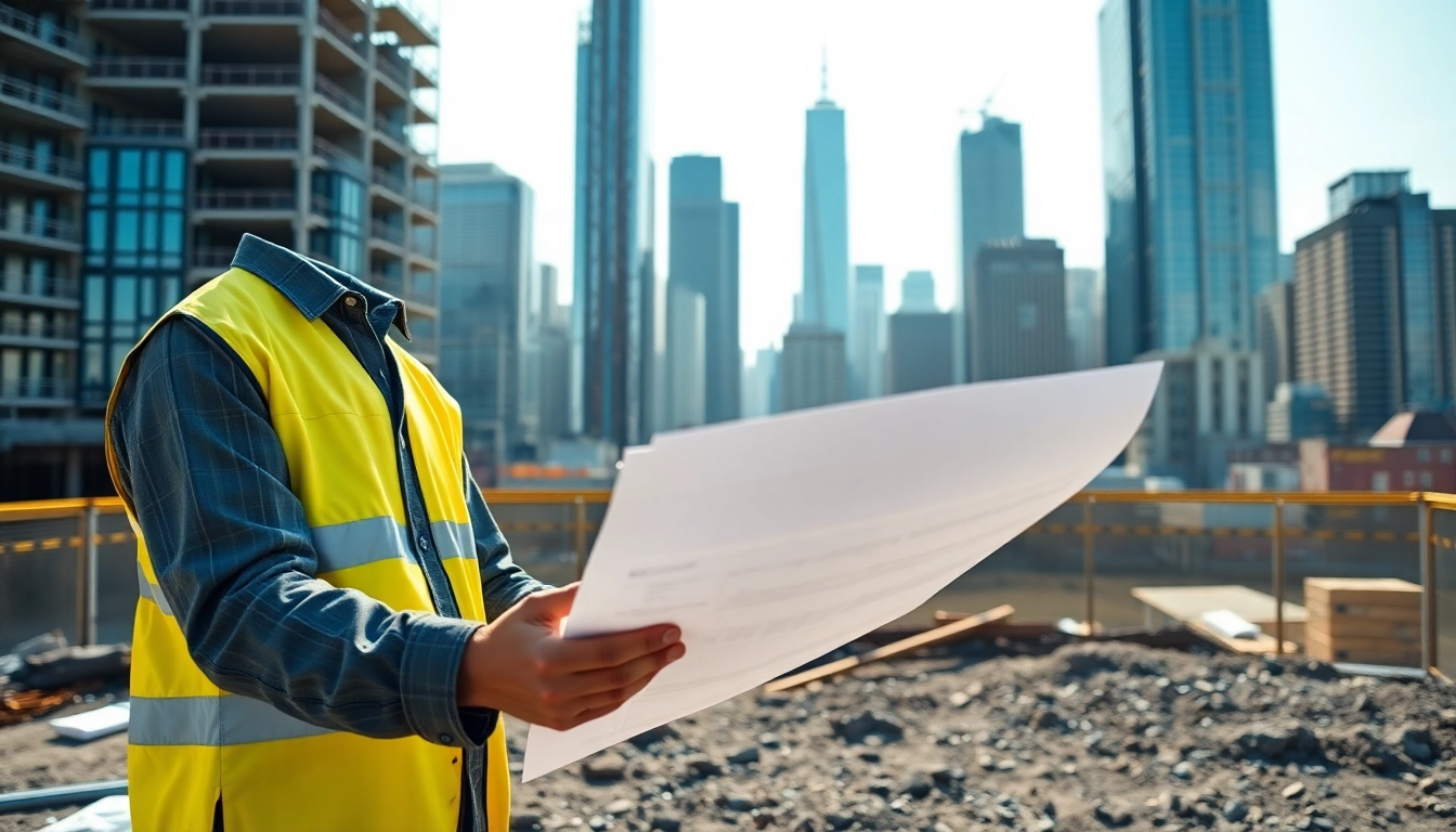 Manhattan Commercial General Contractor examining blueprints at an active construction site in NYC.