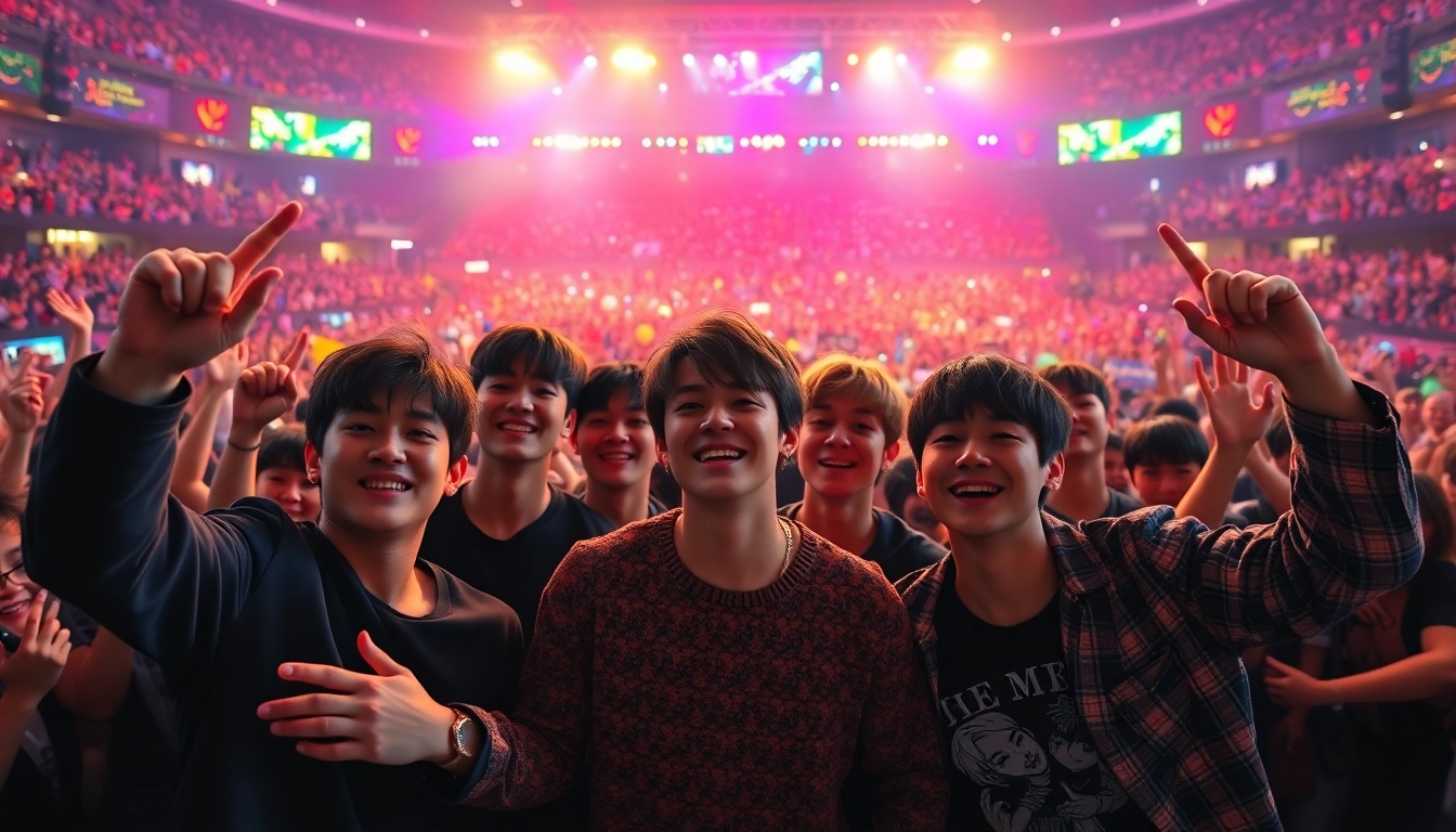BTS news capturing the band performing live with vibrant energy and cheering fans.