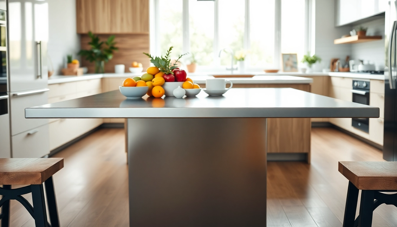 Engaging arrangement of a steel table for kitchen adorned with fresh fruits and ceramics, showcasing modern design.