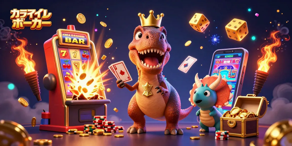 オンラインポーカーで楽しむT-Rexがカードをシャッフルするユニークなイラスト。