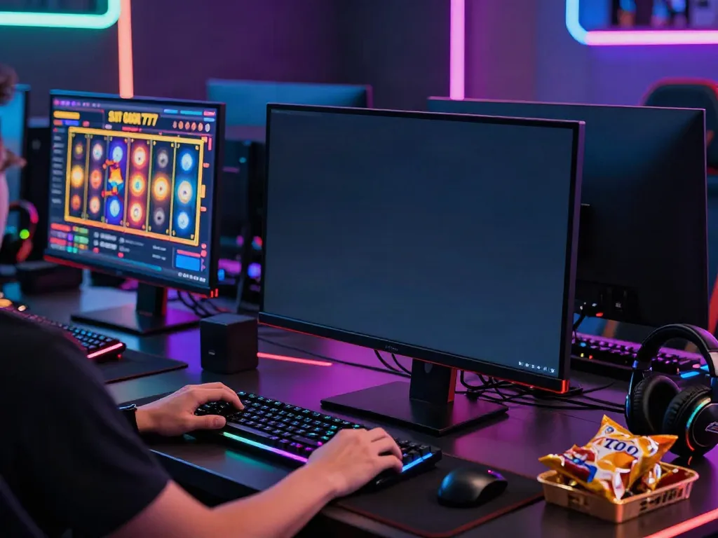 Pengalaman bermain slot777 yang seru dengan gamer di depan layar.