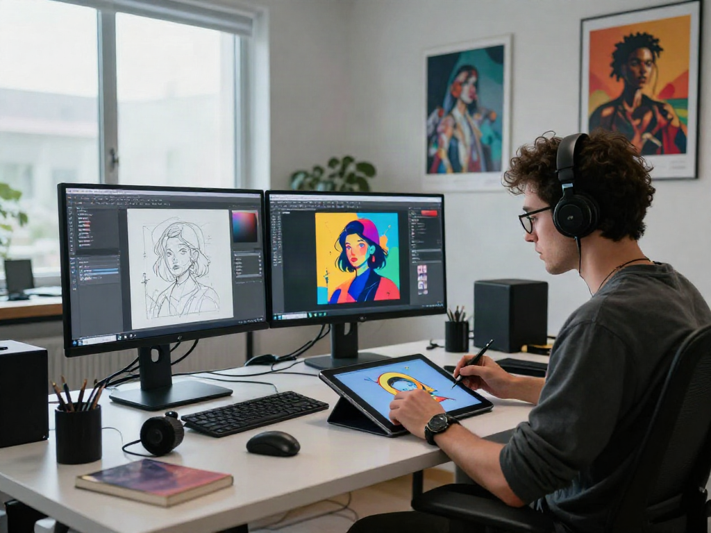 NSFW AI digital artist creating vibrant illustrations in a modern studio