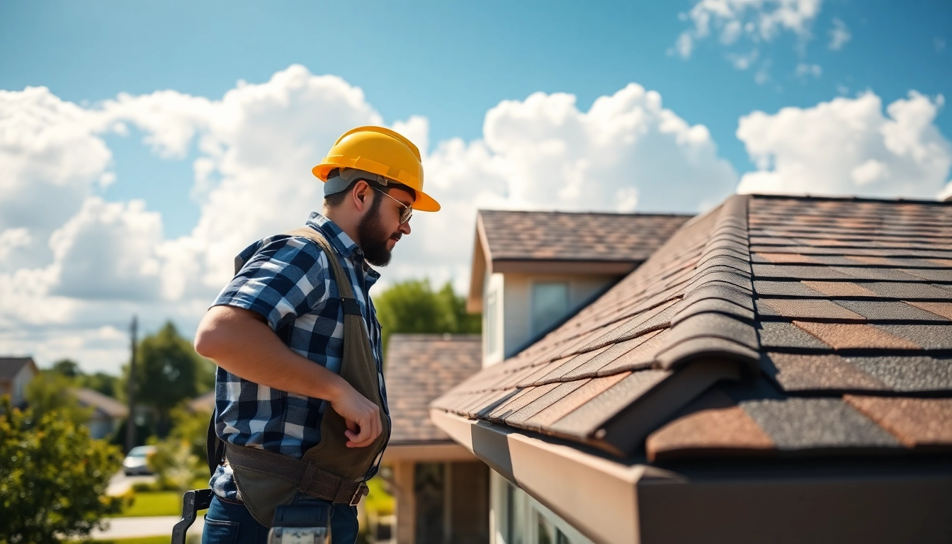 Inspecting high-quality roofing solutions on a residential roof with safety gear and bright sky.