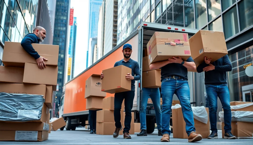 Toronto movers efficiently handle boxes while moving in an urban environment.