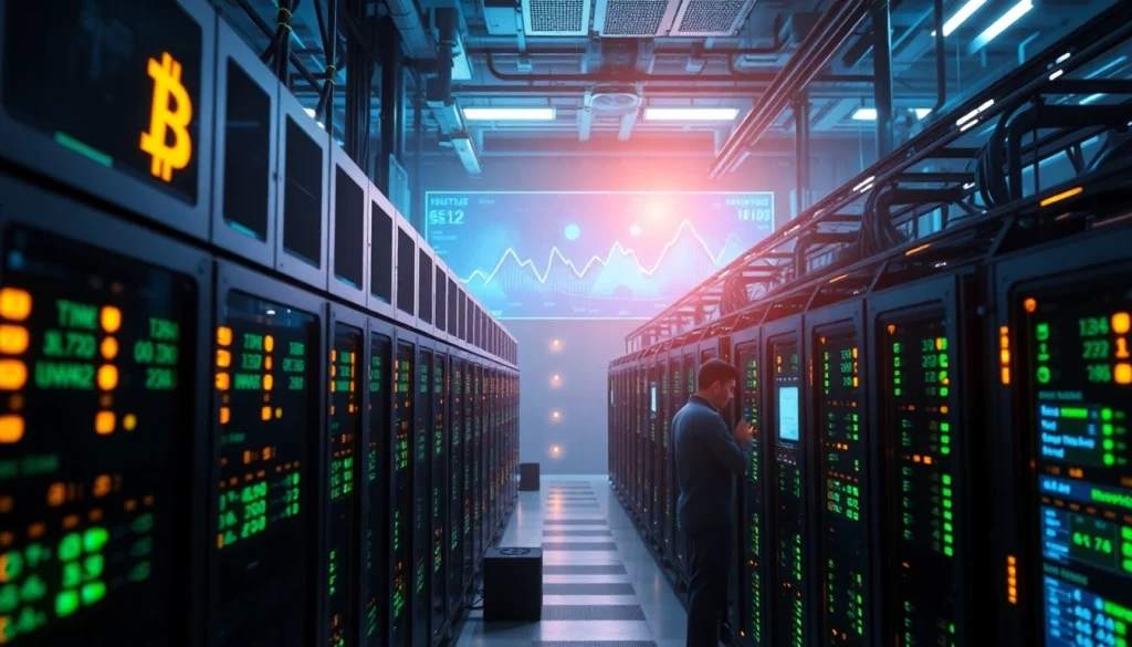 Bitcoin mining facility showcasing advanced ASIC miners and digital tools in a futuristic environment.