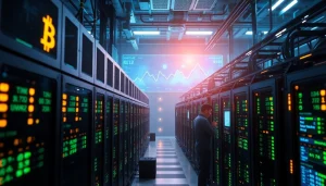 Bitcoin mining facility showcasing advanced ASIC miners and digital tools in a futuristic environment.