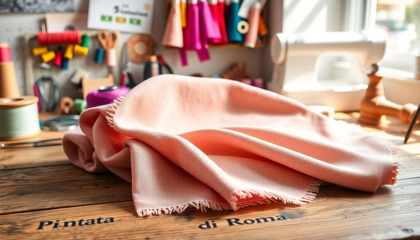 Punta di Roma stofstalen op een houten tafel met accessoires en kleurrijke draad.