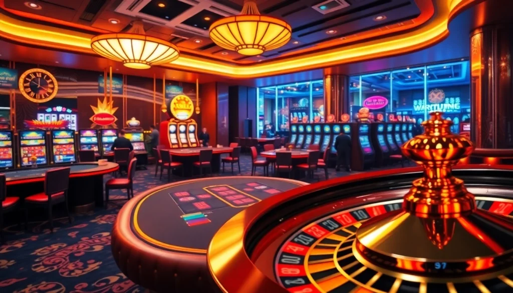 Experience the excitement of gambling at https://xx88.pizza/ with a luxurious casino scene featuring poker, slots, and roulette.