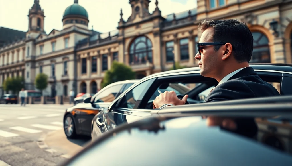 Experience a Chauffeur Nottingham service with a professional luxury car driver in the cityscape.