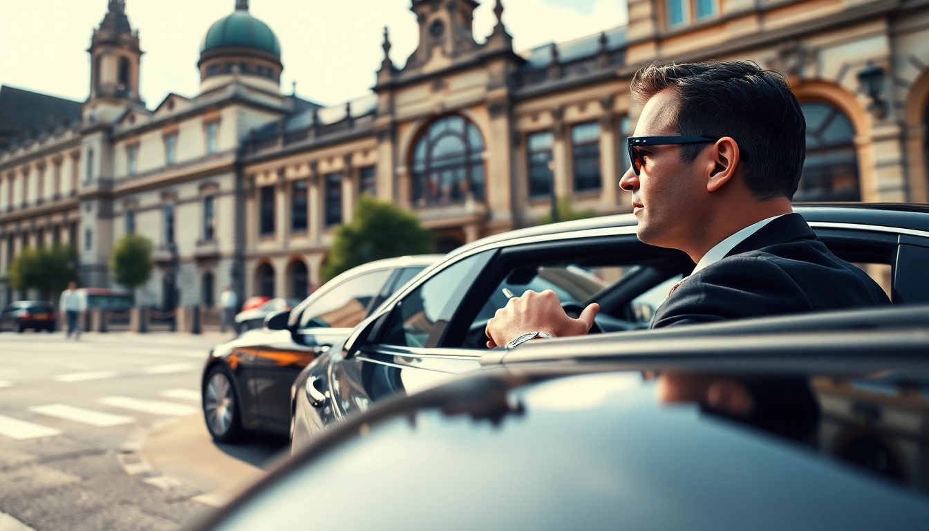Experience a Chauffeur Nottingham service with a professional luxury car driver in the cityscape.