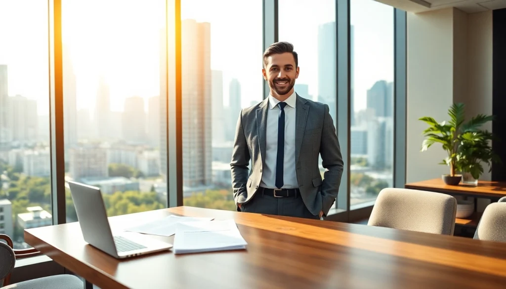 Engaging real estate agent in a modern setting showcasing homes available.