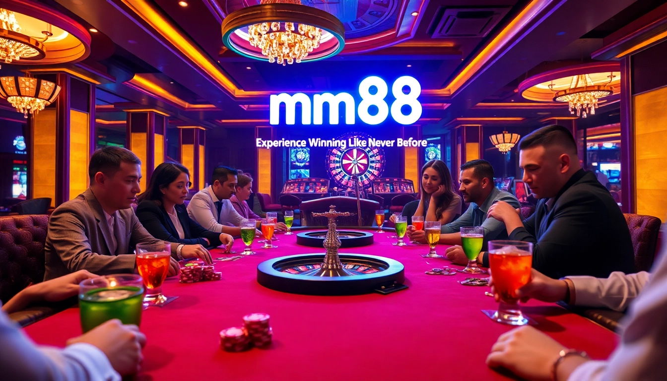mm88 poker players strategizing over colorful chips, capturing the thrill of the casino.
