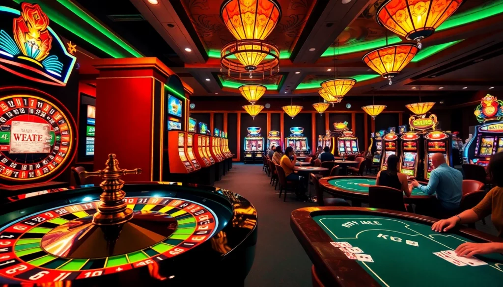 A lively casino scene with vibrant poker tables and slot machines, illustrating the essence of KJC AC 2 gaming experience.