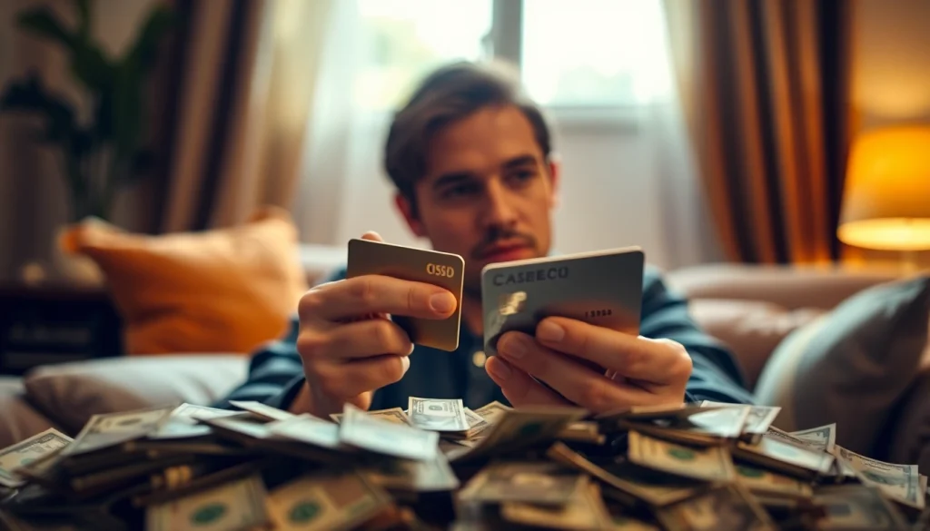 신용카드 현금화를 사용하는 손과 주변의 현금 더미를 보여주는 이미지