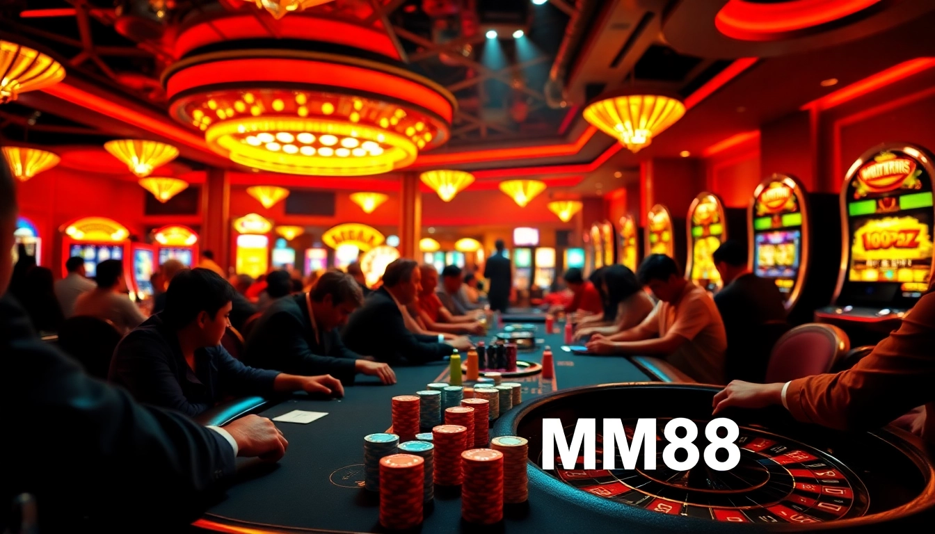Players engaging at the poker table on Trang chủ MM88, showcasing vibrant chips and an excitement-filled casino atmosphere.