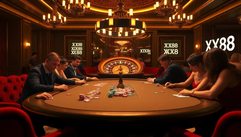 Experience the thrill of poker at XX88 with vibrant chips and an elegant table.
