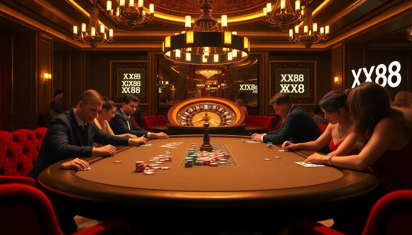 Experience the thrill of poker at XX88 with vibrant chips and an elegant table.