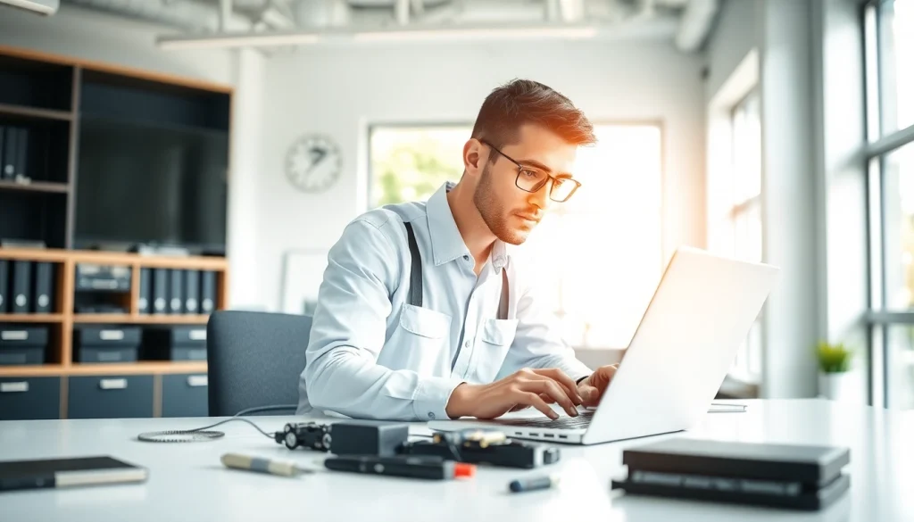 Offering expert computer services, a technician repairs a laptop in a modern office environment.