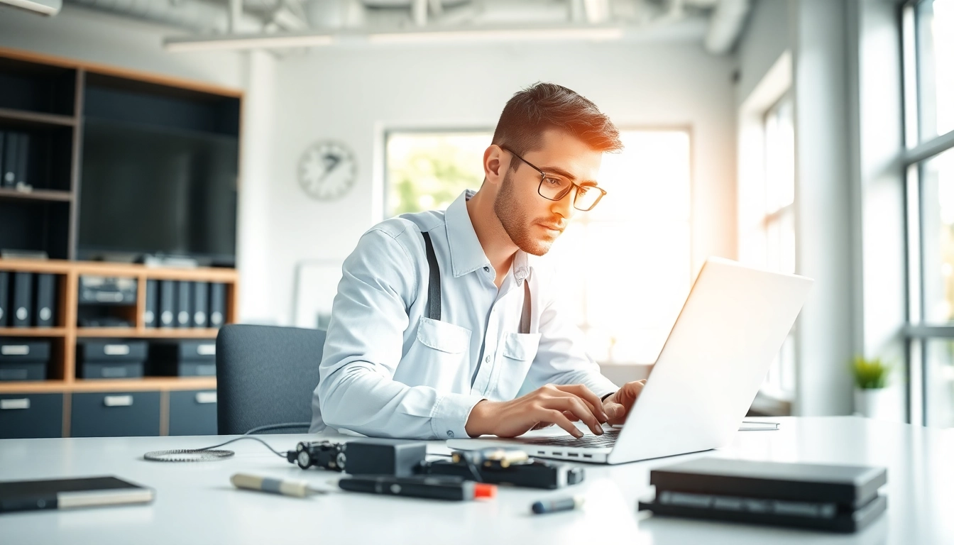 Offering expert computer services, a technician repairs a laptop in a modern office environment.