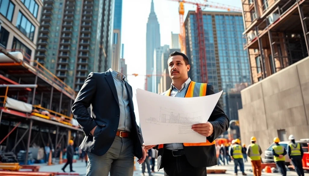 New York Construction Manager supervising an active urban construction project.
