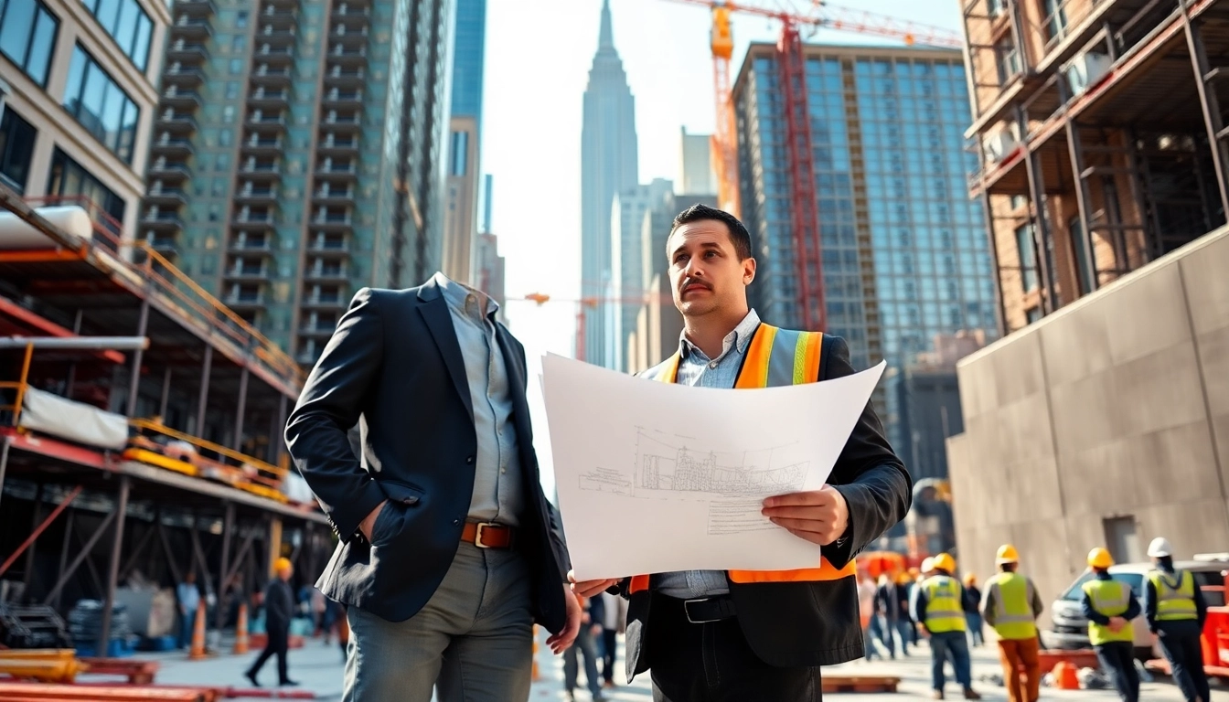 New York Construction Manager supervising an active urban construction project.