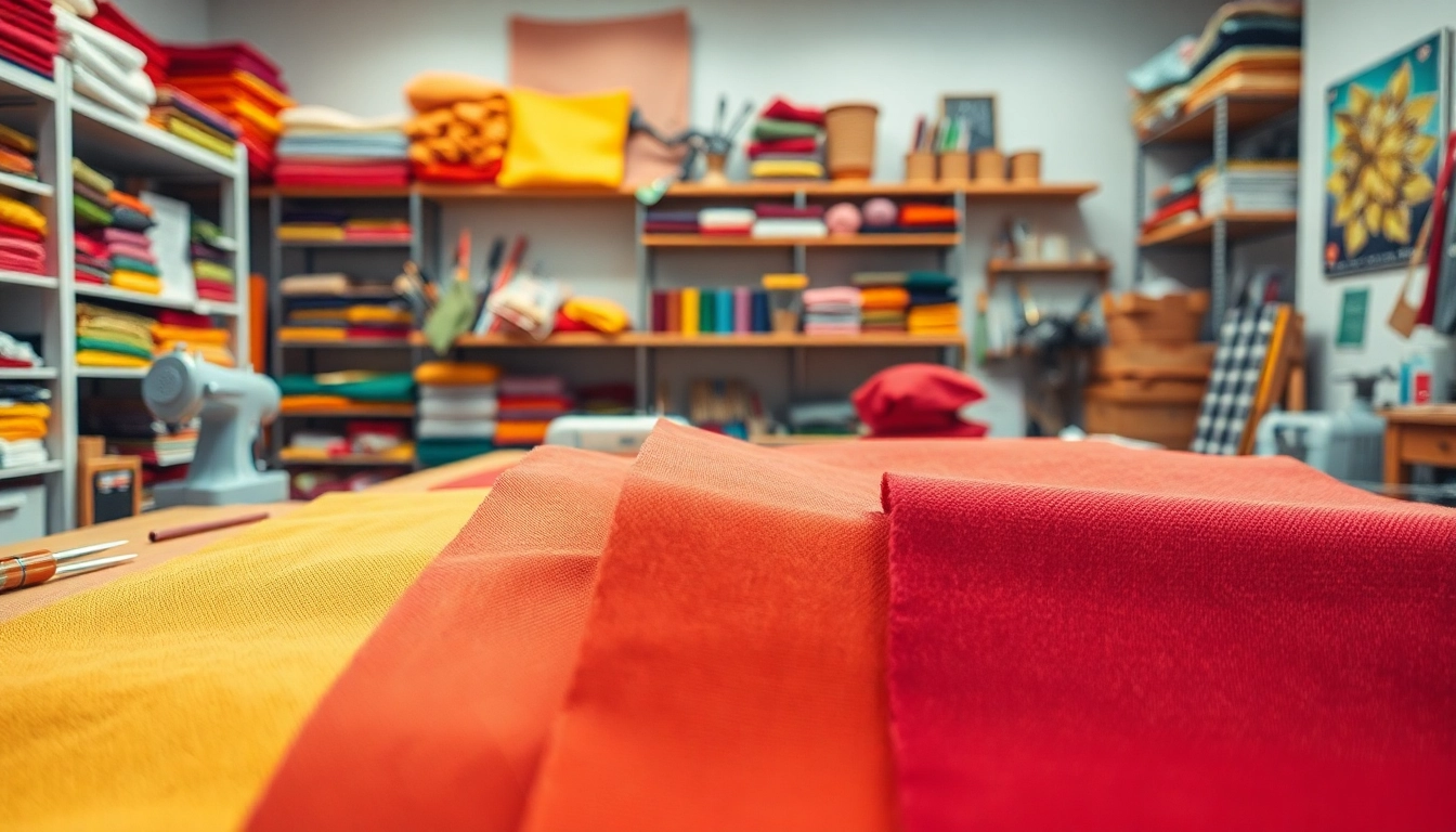 Canvas stoffen in een creatieve werkplaats met kleurrijke samples en hulpmiddelen.