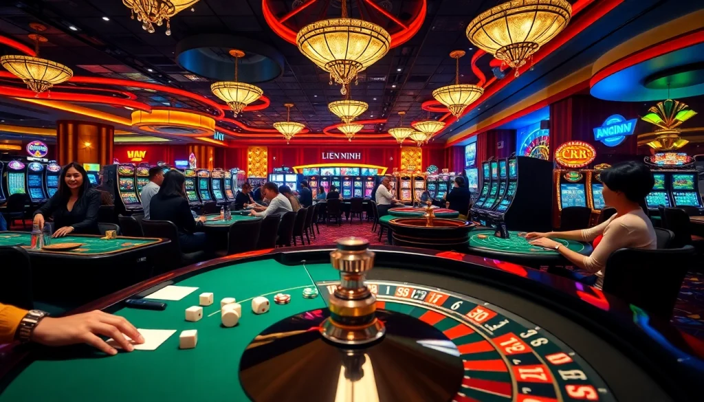 Experience thrilling moments of LIÊN MINH KJC at a vibrant casino with players enjoying blackjack and poker.