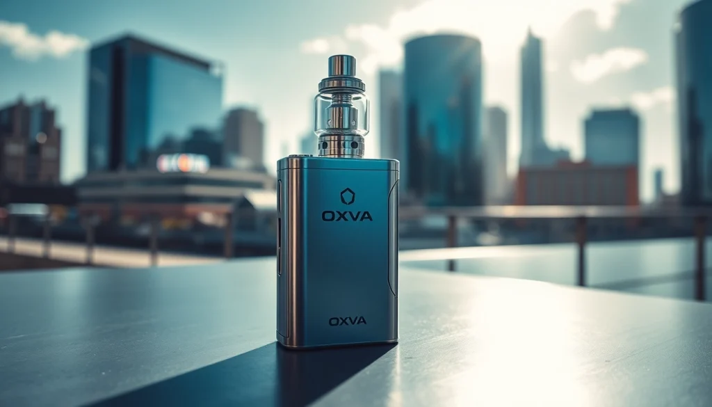 Präsentation des Oxva Vaping-Geräts in einem urbanen modernen Setting.