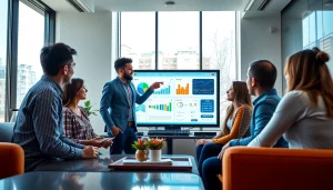 Team focused on Good Wolf Marketing strategies in a dynamic office environment with technology-enhanced visuals.