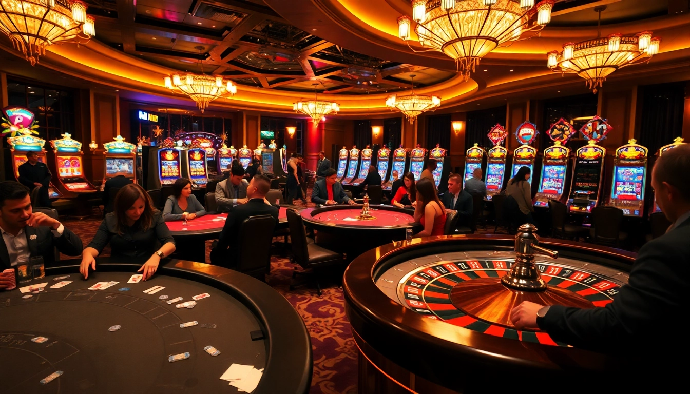 Discover the excitement of MM88 at a bustling casino with players enjoying poker, roulette, and vibrant slot machines.