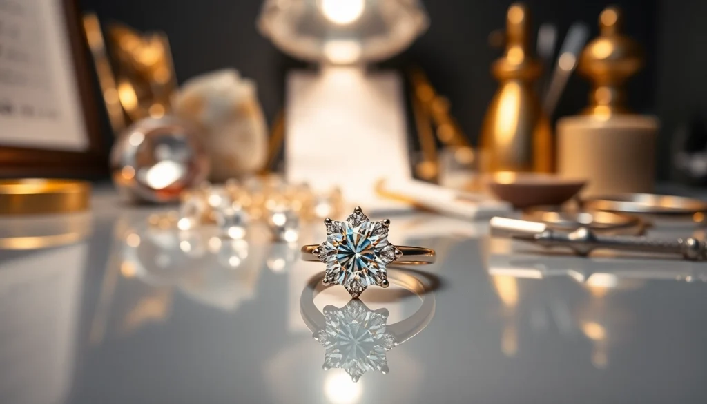 Fotografo di Gioielli che illumina un anello di diamanti su uno sfondo elegante.