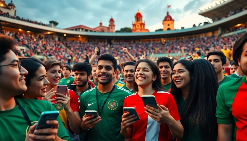 Cheerful bettors engaging at the best sports betting sites in Mexico during a lively sports event.
