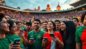 Cheerful bettors engaging at the best sports betting sites in Mexico during a lively sports event.