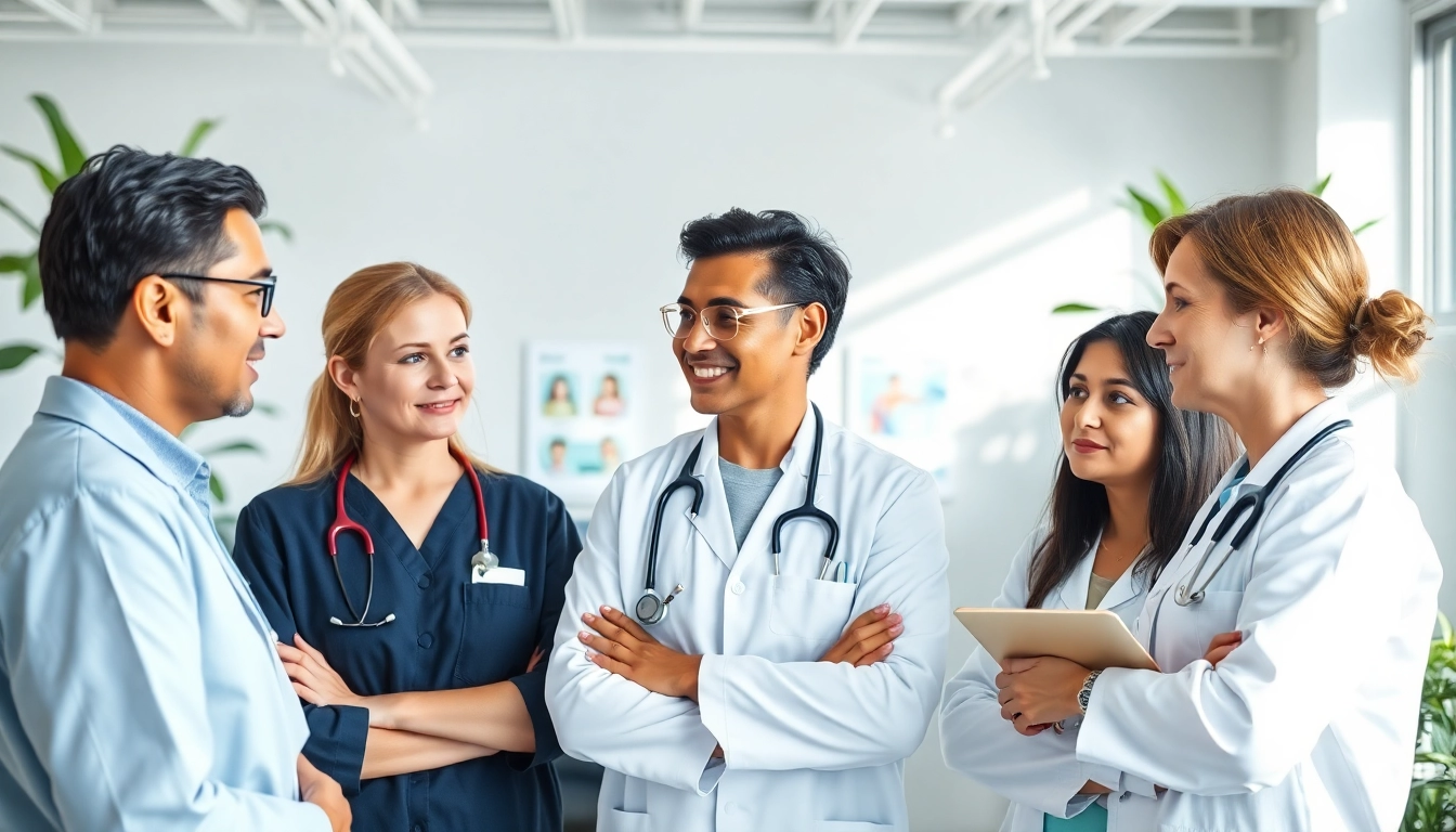 Health professionals engaged in discussion within a modern clinic, promoting wellness.