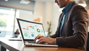 Analyzing website data at https://uu88.how/ with colorful graphs and a modern laptop in a bright office.