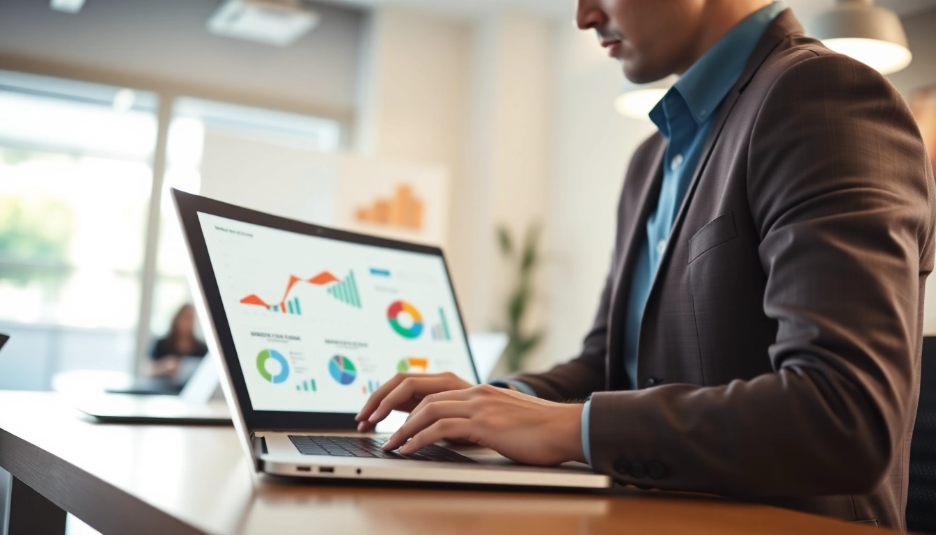 Analyzing website data at https://uu88.how/ with colorful graphs and a modern laptop in a bright office.