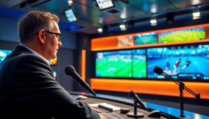 스포츠중계 전문 아나운서가 생동감 넘치는 방송을 진행하고 있는 장면