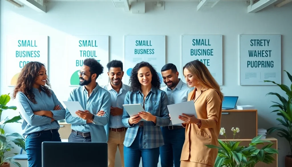 Team collaborating on small business jobs in a bright, modern office setting