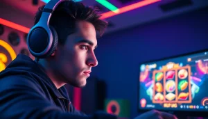 Jelajahi slot online yang mengasyikkan dengan gamer fokus di depan layar komputer.