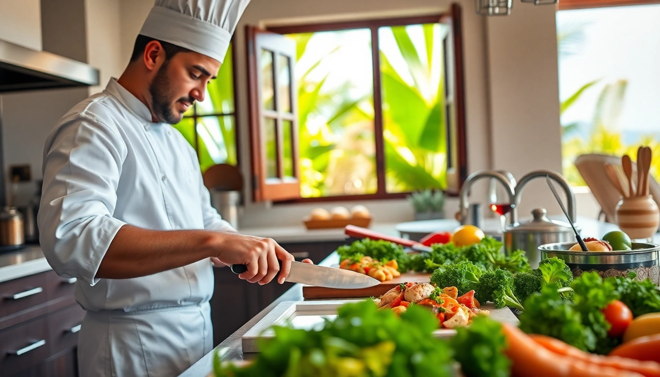 St Martin Private Chef skillfully preparing gourmet cuisine in an elegant tropical villa kitchen.