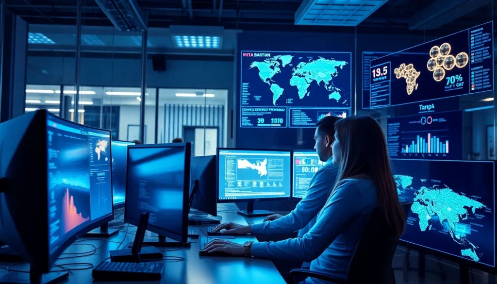 Data Breach Prevention Tampa: Diverse cybersecurity team analyzing data in a high-tech office.