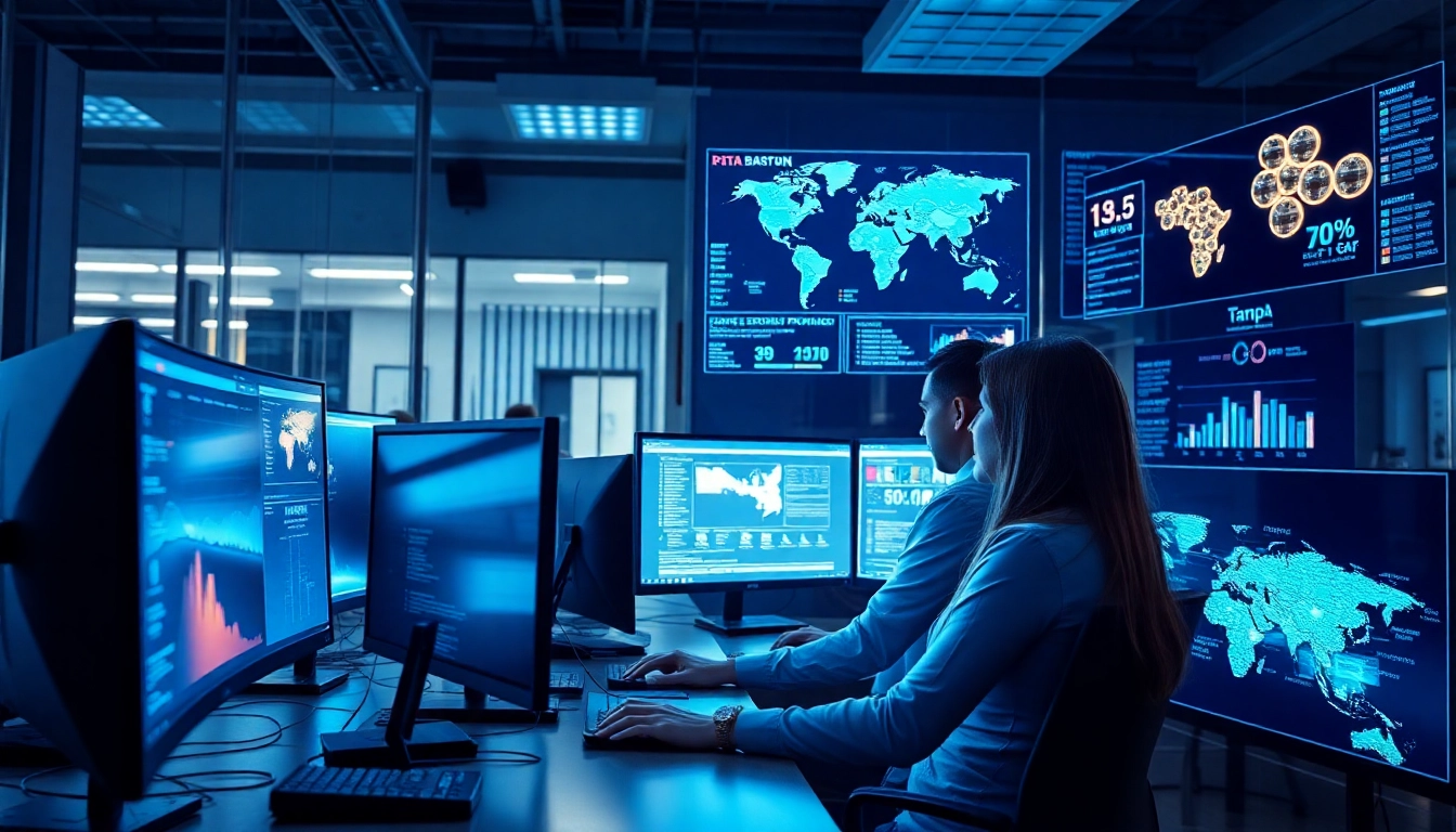 Data Breach Prevention Tampa: Diverse cybersecurity team analyzing data in a high-tech office.