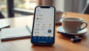 전문 작업 공간 배경의 디지털 지갑 인터페이스에 표시된 상품권카드