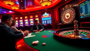 Players engaged in an intense poker game at 79king6 casino, showcasing vibrant slot machines in the background.