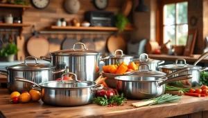 Showcase a variety of cookware pots and pans on a rustic table with fresh ingredients around.