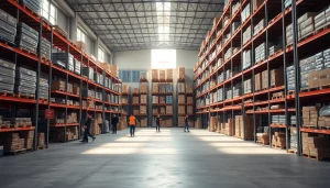 Warehouse interior with workers organizing products in a bright, efficient environment.